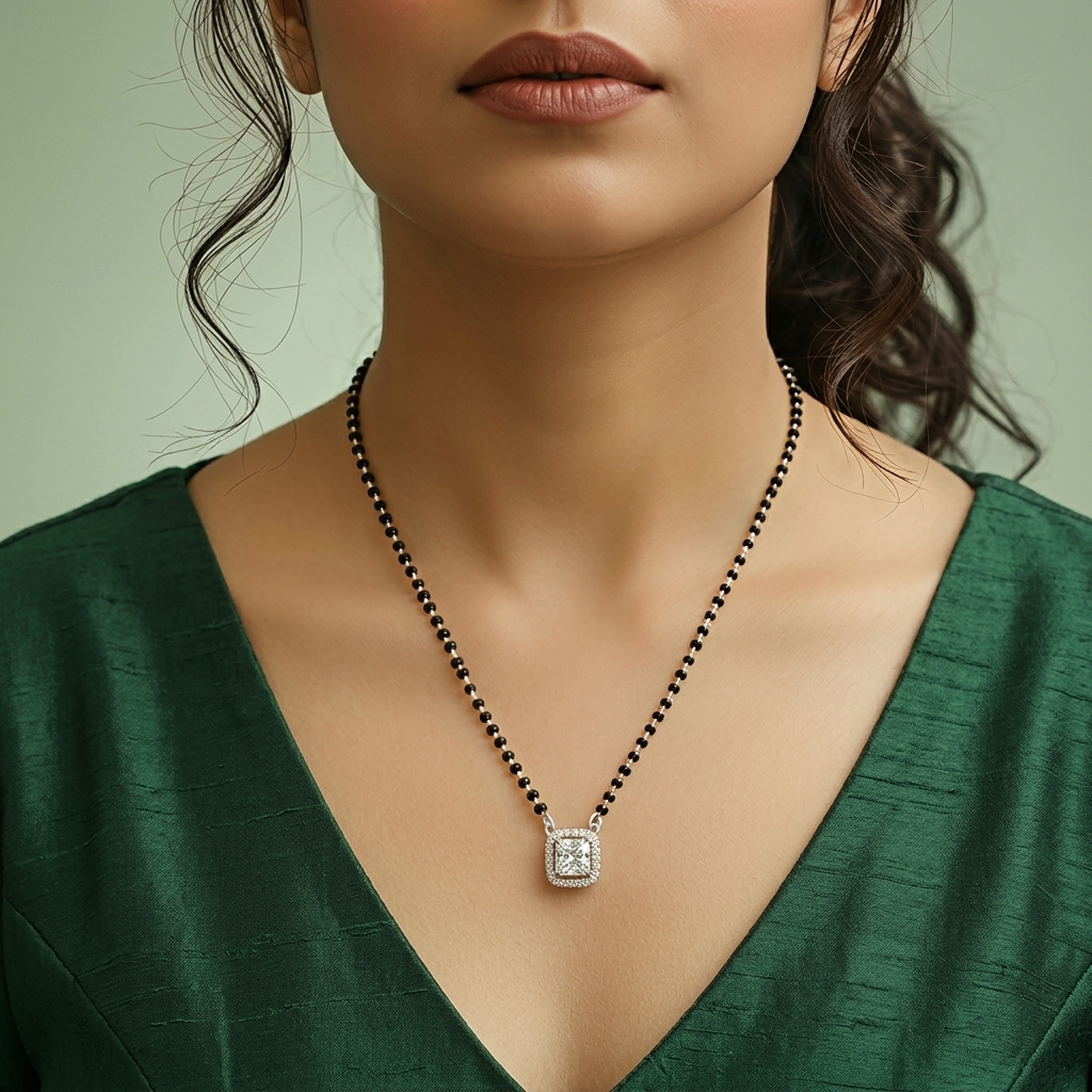 Silver Mangalsutra with Diamond Pendant